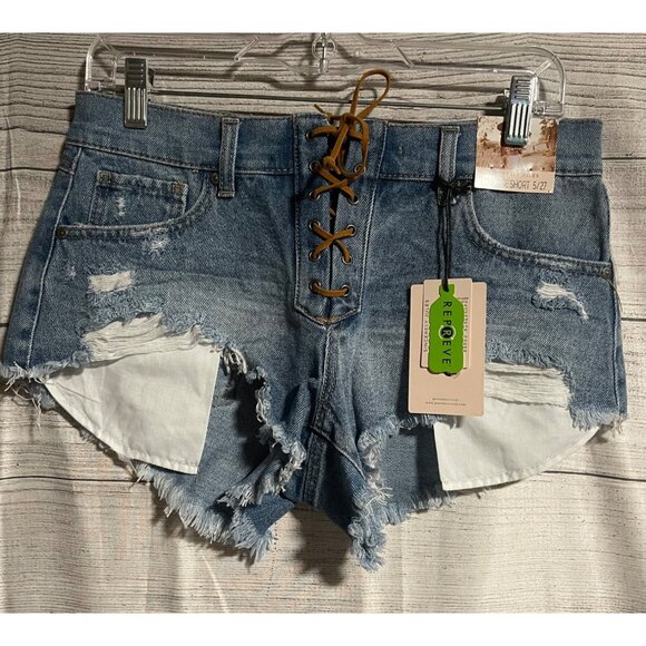 Sincerely Jules Denim Lace-Up Low Rise Distressed Cutoff Shorts Women Size 5/27 - Picture 1 of 9